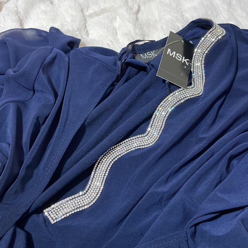 COPY- MSK Embellished Chiffon Sleeve Top Rhinestone Faux Wrap Surplice Blouse - Picture 17 of 17